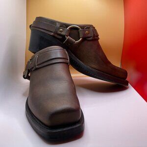 Frye Brown Leather Harness Mule / Square Toe Boots 7.5